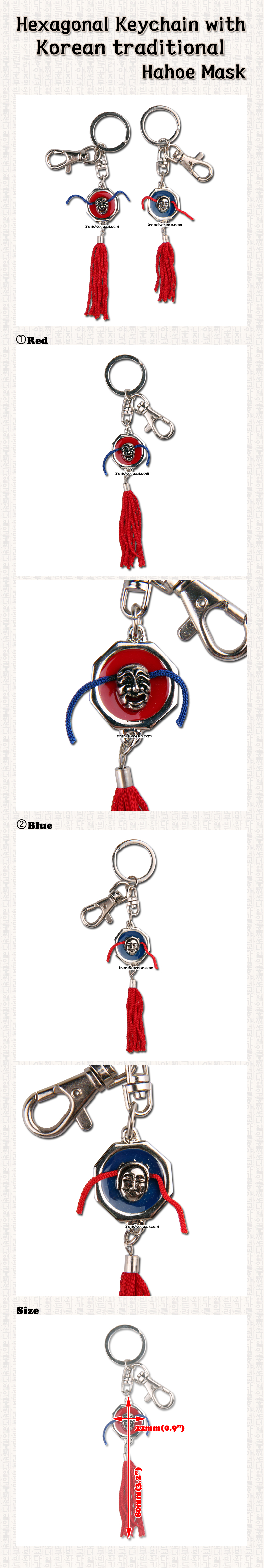 Hexagonal Metal Keychain Keyholder with Korean Traditional Hahoe Mask